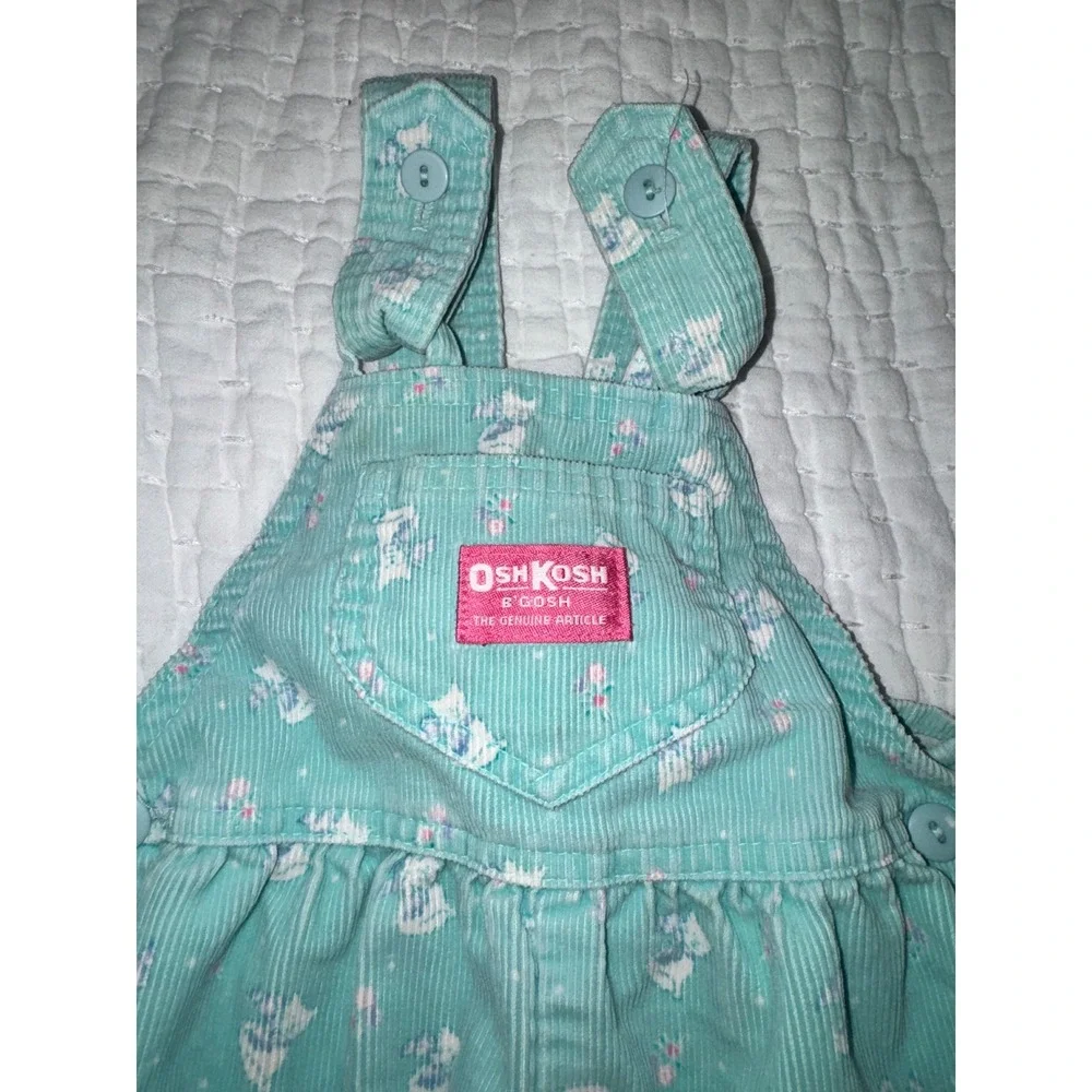 Vtg 90s OshKosh Toddler Girls 3T Corduroy Overalls Teal Cat Print USA FLAW